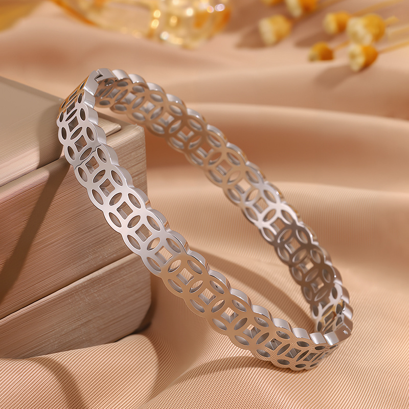 Open Circle Pattern & Heart Engravings Stainless Steel Bracelet Duo